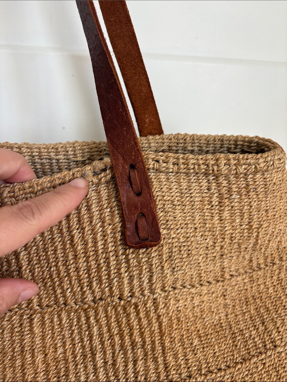 Woven Straw Tote Bag with Brown Leather Straps - Picture 9 of 9